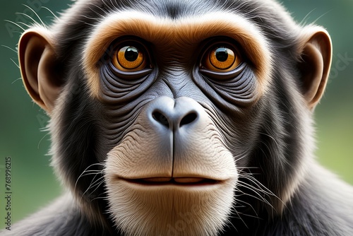 A close-up image of a monkey's face, capturing its expressive eyes and facial features in sharp detail, partial portrait of a monkey, singe image  photo