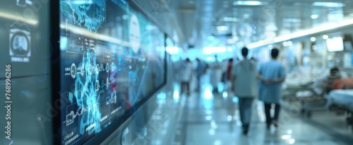 High-Tech Hospital Corridor with Data Screens