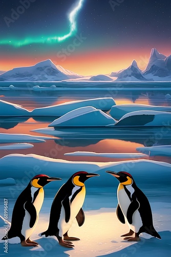 A group of playful cartoon penguins on icebergs under northern lights  arctic  antarctica  wildlife   nature  cold  winter  majestic  pinguine  image  