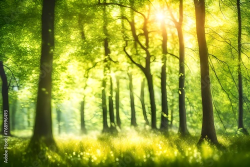 Defocused green trees in forest or park with wild grass and sun beams. Beautiful summer spring natural background. 