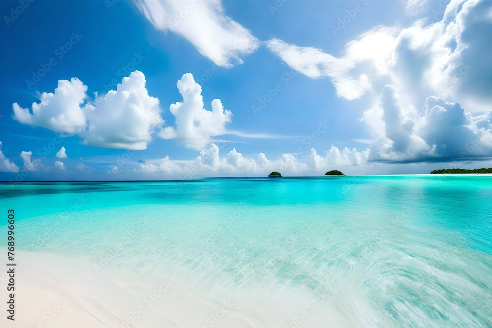 Beautiful sandy beach with white sand and rolling calm wave of turquoise ocean on Sunny day on background.