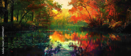 A serene pond surrounded by trees, with the reflections on the water forming a splendid gradient of colors, captured in high-definition to showcase its mesmerizing vibrancy.