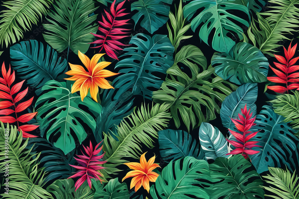 Tropical wilderness showcased through a kaleidoscope of vibrant leaves.