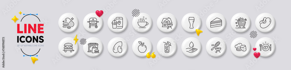 Food market, Food delivery and Apple line icons. White buttons 3d icons. Pack of Home grill, Beer glass, Potato icon. Peanut, Gas grill, Overeating pills pictogram. Vector Food market, Food delivery and Apple line icons. White buttons 3d icons. Pack of Home grill, Beer glass, Potato icon. Peanut, Gas grill, Overeating pills pictogram. Vector
