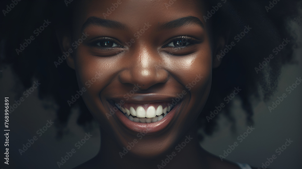 Portrait of a black young girl with beautiful facial features, black hair, a large mouth with snow-white teeth, brown eyes, she is happy, smiling. Close-up Portrait of a black young girl with beautiful facial features, black hair, a large mouth with snow-white teeth, brown eyes, she is happy, smiling. Close-up