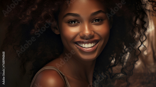 Portrait of a black young girl with beautiful facial features, black hair, a large mouth with snow-white teeth, brown eyes, she is happy, smiling. Close-up © Glebsterr