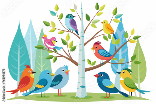 a group of colorful bird sits on a branch vector illustration