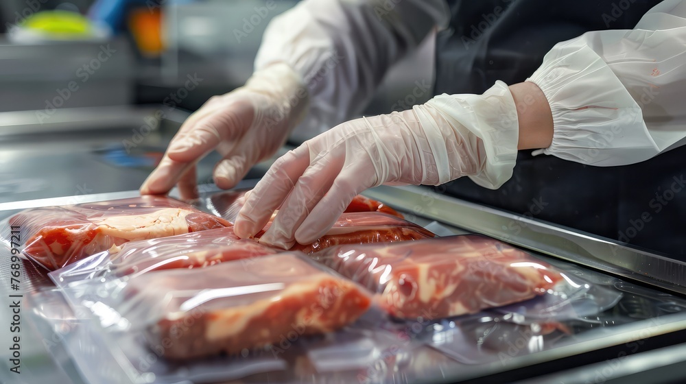 Close up hands of worker packing meat