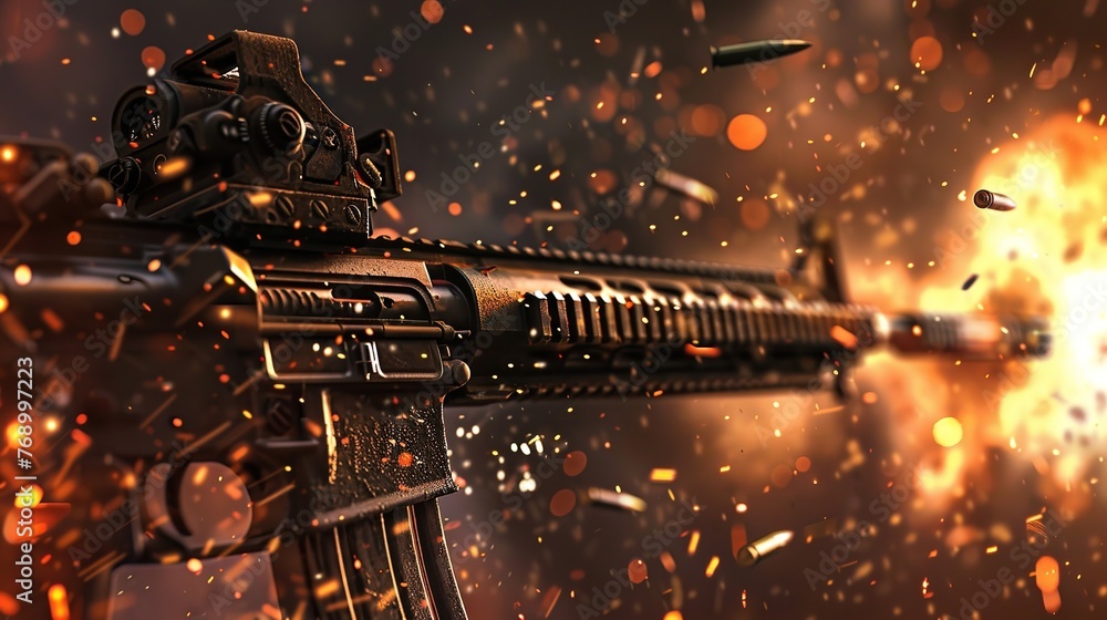 a detailed assault rifle in the midst of firing on a dark background ...