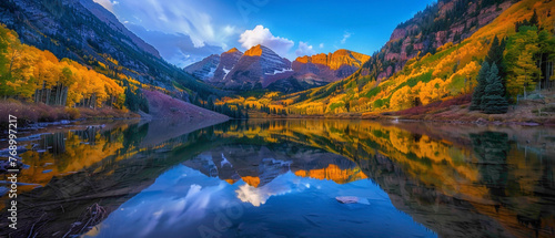A serene lake surrounded by mountains, with the reflections on the water forming a splendid gradient of colors, all captured in high-definition to showcase its mesmerizing vibrancy.