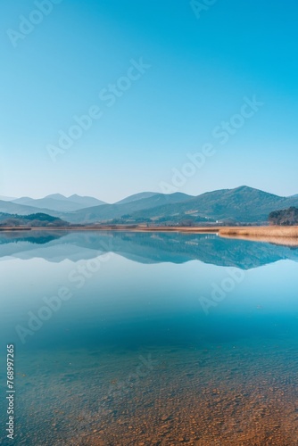 A lake with mountain backdrop, under a clear blue sky