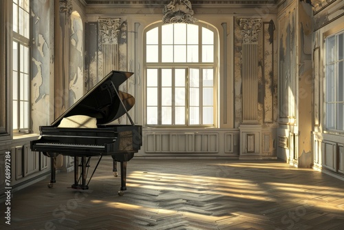 A black grand piano standing in the ancient interior of the palace