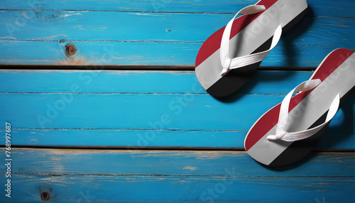 Pair of beach sandals with flag Yemen. Slippers for summer sea vacation. Concept travel and vacation in Yemen.