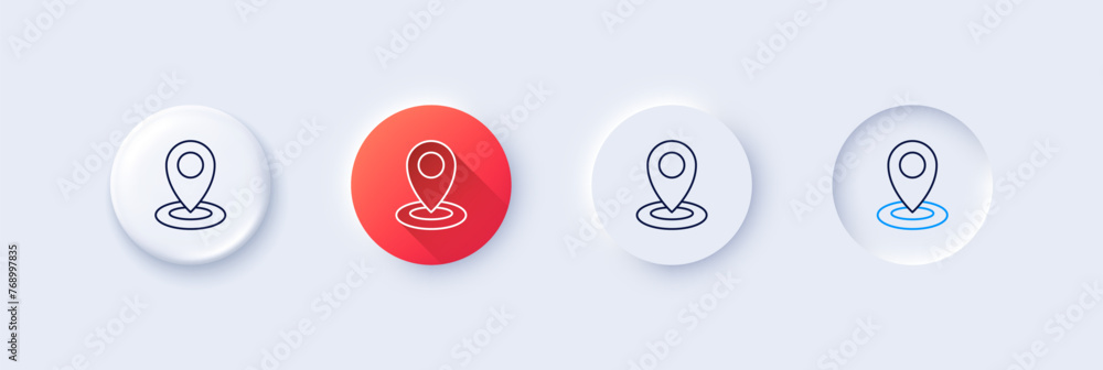 Location line icon. Neumorphic, Red gradient, 3d pin buttons. Map pointer sign. Line icons. Neumorphic buttons with outline signs. Vector