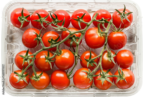Vector illustration of retail supermarket pack of red cherry tomatoes isolated on white. Plastic packaging for advertising, promo. Top view