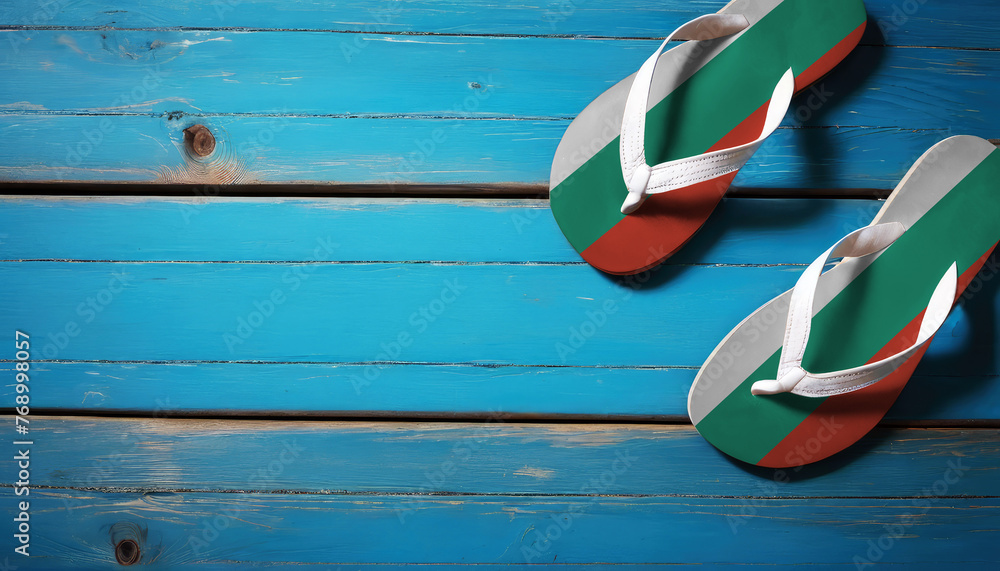 Pair of beach sandals with flag Bulgaria. Slippers for summer sea vacation. Concept travel and vacation in Bulgaria. - obrazy, fototapety, plakaty 