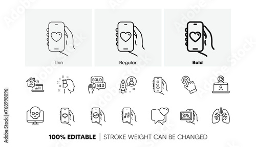 Dating app, Cyber attack and Bitcoin think line icons. Pack of Video conference, Startup, Work home icon. Heart, Cursor, Music app pictogram. Bid offer, Support, Lungs. Image album. Line icons. Vector