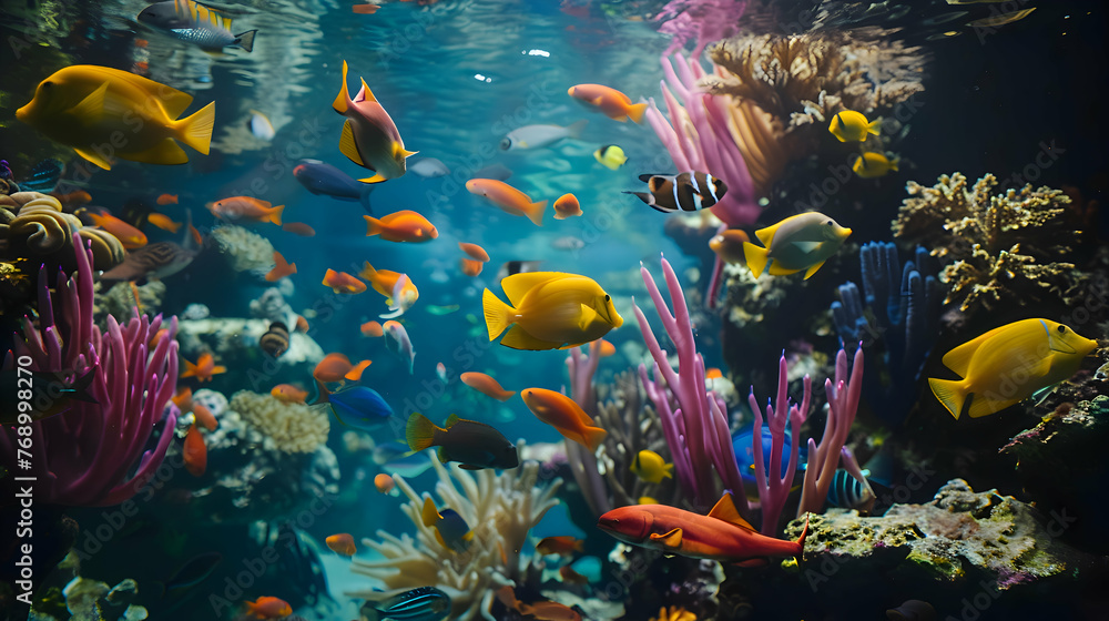 A colorful school of fish swimming in a coral reef