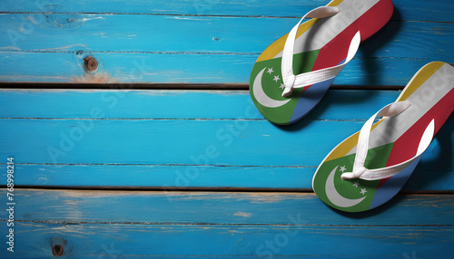 Pair of beach sandals with flag Comoros. Slippers for summer sea vacation. Concept travel and vacation in Comoros.