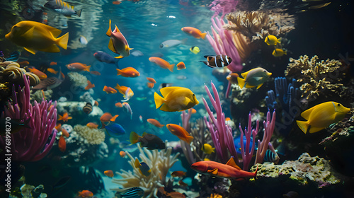 A colorful school of fish swimming in a coral reef