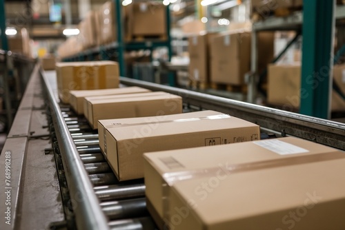 Closeup of multiple cardboard box packages seamlessly moving, boxes moving in the factory, factory boxes moving, factory and boxes closeup