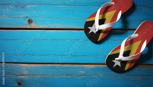 Pair of beach sandals with flag East Timor. Slippers for summer sea vacation. Concept travel and vacation in East Timor.