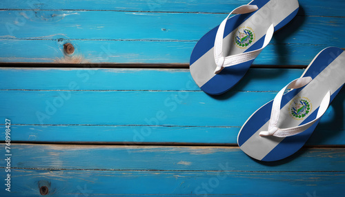 Pair of beach sandals with flag El Salvador. Slippers for summer sea vacation. Concept travel and vacation in El Salvador.