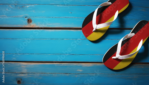 Pair of beach sandals with flag Germany. Slippers for summer sea vacation. Concept travel and vacation in Germany.