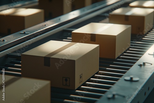 Closeup of multiple cardboard box packages seamlessly moving, boxes moving in the factory, factory boxes moving, factory and boxes closeup
