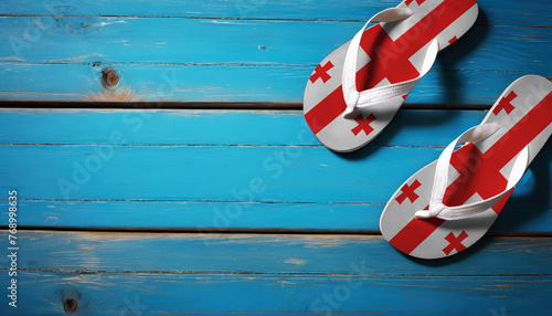 Pair of beach sandals with flag Georgia. Slippers for summer sea vacation. Concept travel and vacation in Georgia.