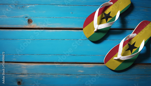Pair of beach sandals with flag Ghana. Slippers for summer sea vacation. Concept travel and vacation in Ghana.