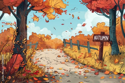 Country road among autumn trees, cartoon vector style