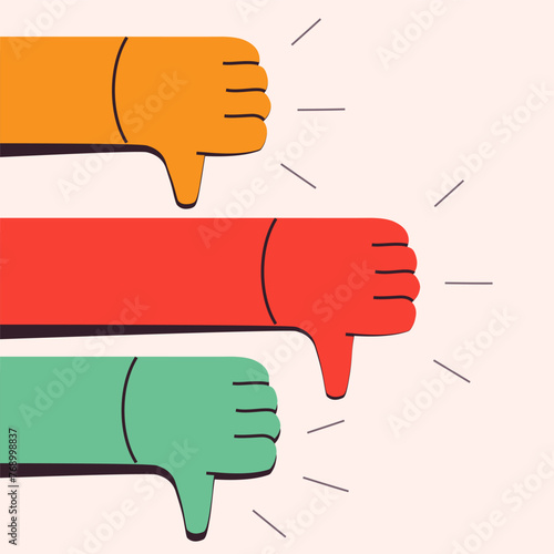 Three hands with thumbs down in a vibrant color scheme, conveying negative feedback or disapproval in a minimalistic illustration style