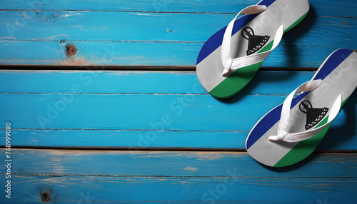 Pair of beach sandals with flag Lesotho. Slippers for summer sea vacation. Concept travel and vacation in Lesotho.