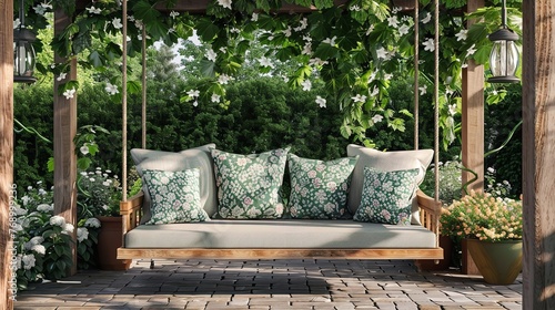 a serene and lush garden oasis featuring a cozy wooden porch swing with plush cushions