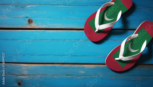 Pair of beach sandals with flag Maldive. Slippers for summer sea vacation. Concept travel and vacation in Maldive.