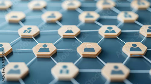 Wooden Hexagon Tiles with People Icons Connected by Lines on Blue Background