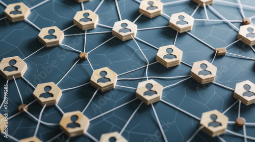 Wooden Hexagon Tiles with People Icons Connected by Lines on Blue Background