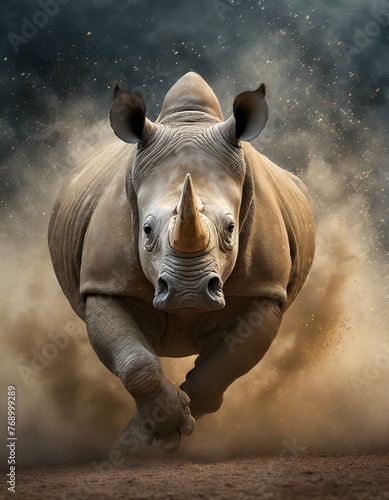 Majestic Charge: Rhino Running Through Dusty Clouds