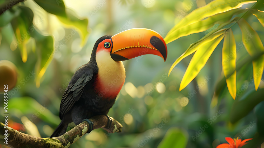 Fototapeta premium A colorful toucan perched on a branch in the rainforest