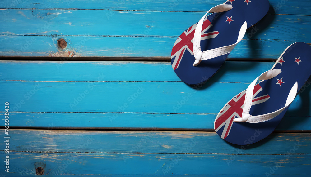 Pair of beach sandals with flag New Zealand. Slippers for summer sea vacation. Concept travel and vacation in New Zealand.