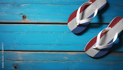 Pair of beach sandals with flag Netherlands. Slippers for summer sea vacation. Concept travel and vacation in Netherlands.