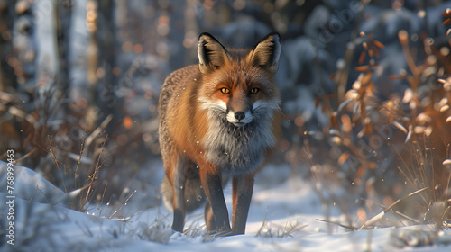 A cunning fox hunting for prey in the snowy woods