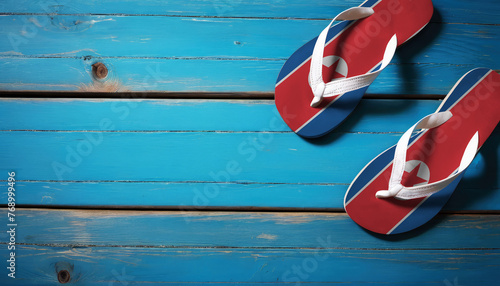 Pair of beach sandals with flag North Korea. Slippers for summer sea vacation. Concept travel and vacation in North Korea.