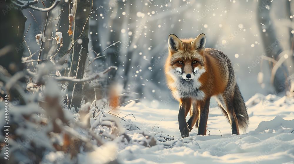 Obraz premium A cunning fox hunting for prey in the snowy woods