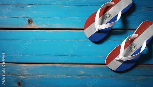 Pair of beach sandals with flag Paraguay. Slippers for summer sea vacation. Concept travel and vacation in Paraguay.