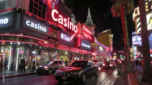 a casino sign is lit up at night in a city street