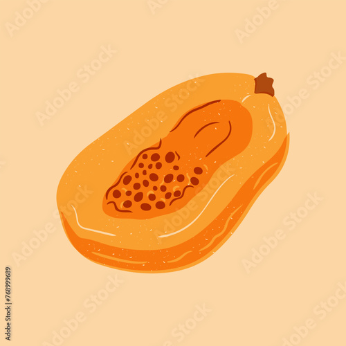 half of papaya fruit. Risograph grunge imitation. Healthy food concept. Square poster or background. Risoprint composition with scratches