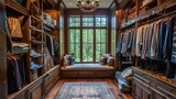 a luxurious walk-in closet with a modern aesthetic, featuring dark wood shelving with an assortment
