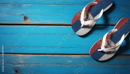 Pair of beach sandals with flag Serbia. Slippers for summer sea vacation. Concept travel and vacation in Serbia.